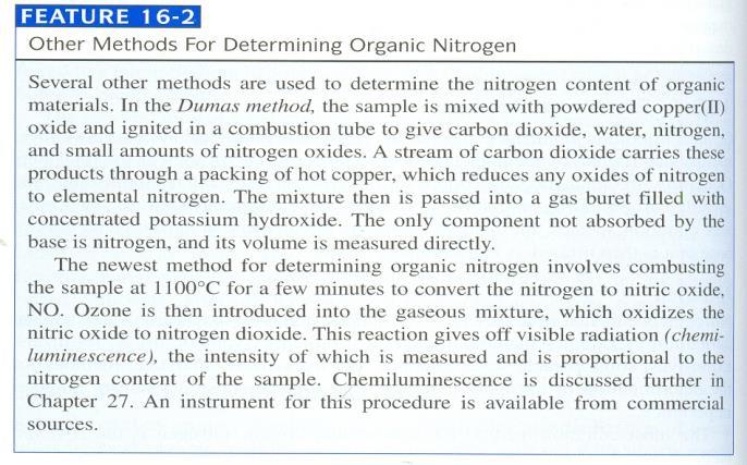 Dumas method : virtually all organic N compound 에적용 powdered copper(Ⅱ) oxide 와 sample mixing combustion tube 에서 igniting (sample CO 2, H 2 O, N 2, nitrogen oxides)