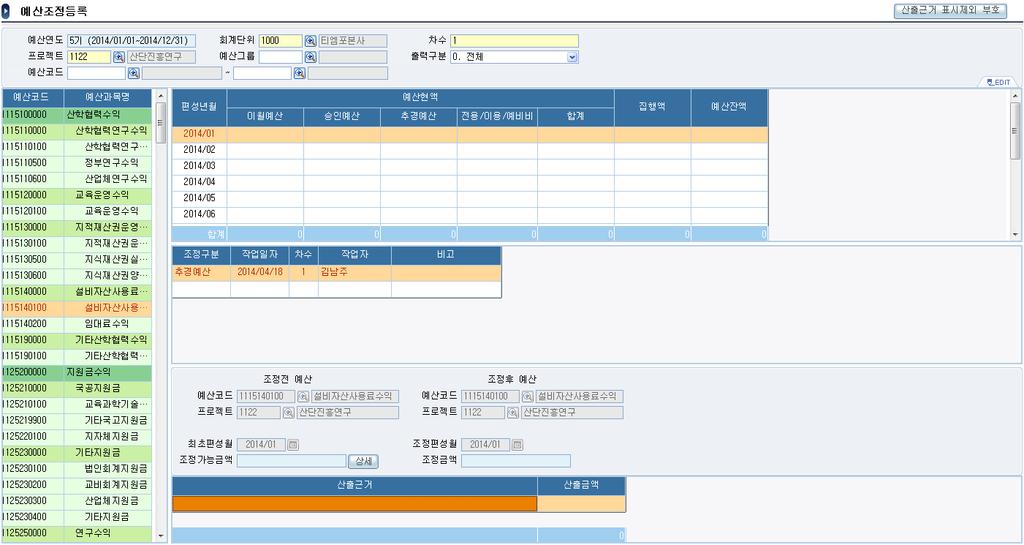 III. 기능및기술 시스템 2-6. 예산관리 예산관리메뉴명세 예산조정등록 1 2 1 조회조건예산연도, 회계단위, 차수, 프로젝트, 예산그룹, 출력구분, 예산코드설정및표시 2 입력부분조회된예산과목중에서신청하고자하는예산과목을선택하고편성월을선택하면조정구분을설정할수있다. 전용 / 이용 / 예비비의경우에는조정후예산과목이달라야한다.