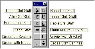 13) Clefs Palette : 악곡도중에바뀌는음자리표들을지정한다.