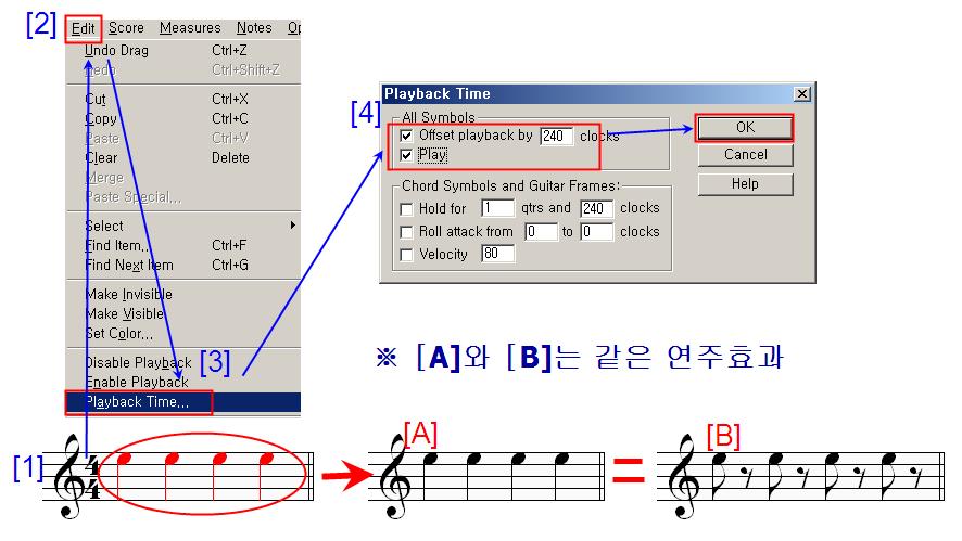 Tab 에서설정한다. (9) Disable Playback 기보는하였으나특정음들의미디연주는원치않을때, 필요한음( 들) 을 click, 또는 drag 로선택한상태에서이명령을실행하면해당된음표( 들) 의연주가되지않는다. (10) Enable Playback 위에서 Disable Playback 한음들을환원( 다시연주하게) 하는명령이다.