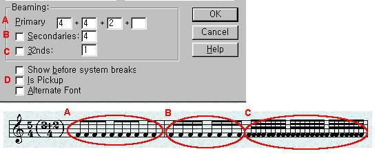 이보여준다. Beaming : 8분음표이하의꼬리있는음표들을 Beam( 기) 으로묶는방법을설정하며기 본값은 8분음표를 4 개씩묶는것이다. A. Primary는 8분음표를 4+4+2=5 박으로묵음을나타내고, B.