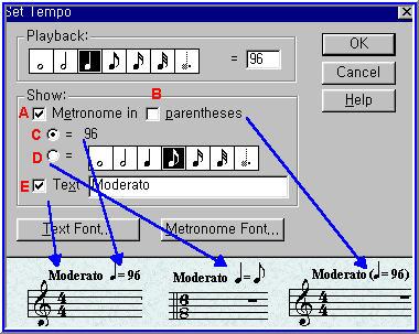 기본값=96, Show Zone 에서 "A" 처럼 Metronome in을체크 하면 [ =96] 의속도표시를나타내며, "B" 처럼
