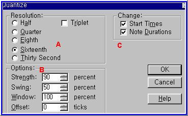 는데, Quantize 는이러한음표들의시작시간위치를정해진값에따라자연스럽게재정열 하여인간미를부여하며, 지정된음표를최소길이로재정열해주는기능이다. 입력하려는 최소음표길이를설정한후이명령을선택하면시간위치를지정한값의범위에서정열 선에일치시켜줌과동시에음표들의티크값을지정한값의범위로재정열함으로써불필 요한부점들을없애준다.