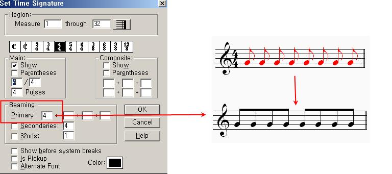 - Based on Meter[ ] + : Measures/Set Time Signature/Beaming/Primary에서지정한 단위로선택된음표들의꼬리들을묶어준다.