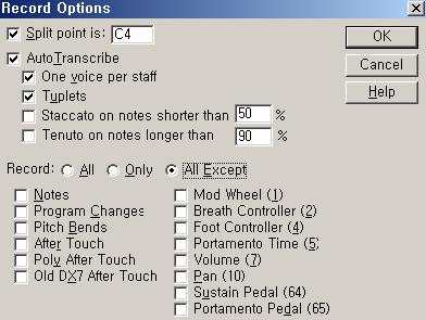 Auto Transcribe : Recording 시 Midi Data들에대한몇가지옵션 - One voice per staff : 체크하면한보표에단지하나의 voice 만, 선택하지않으면 multiple voices per staff 로입력( 이건한악보안에 2성부이상을입력할때이명