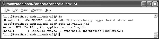 14.3 NDK 기초실습 17 [ 실습 14-4] hellojni 애플리케이션 (2) make APP=hello-jni NDK 의루트위치에서 make APP=hello-jni 명령어를입력하면 [ 그림 14-6]