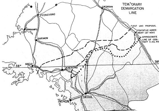 자료 3-1)1951 년 7 월접촉선과유엔군사령부의임시군사분계선제안 (Troop Information and Education Section,GHQ,FEC, The BatleforanArmistice,Jan.