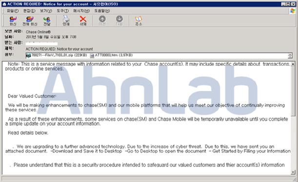 ZG (2013.04.12.03) 금융사계정정보로위장한스팸메일금융사계정정보로위장해악성코드를유포하는스팸메일이확산돼사용자들의주의가요구된다.