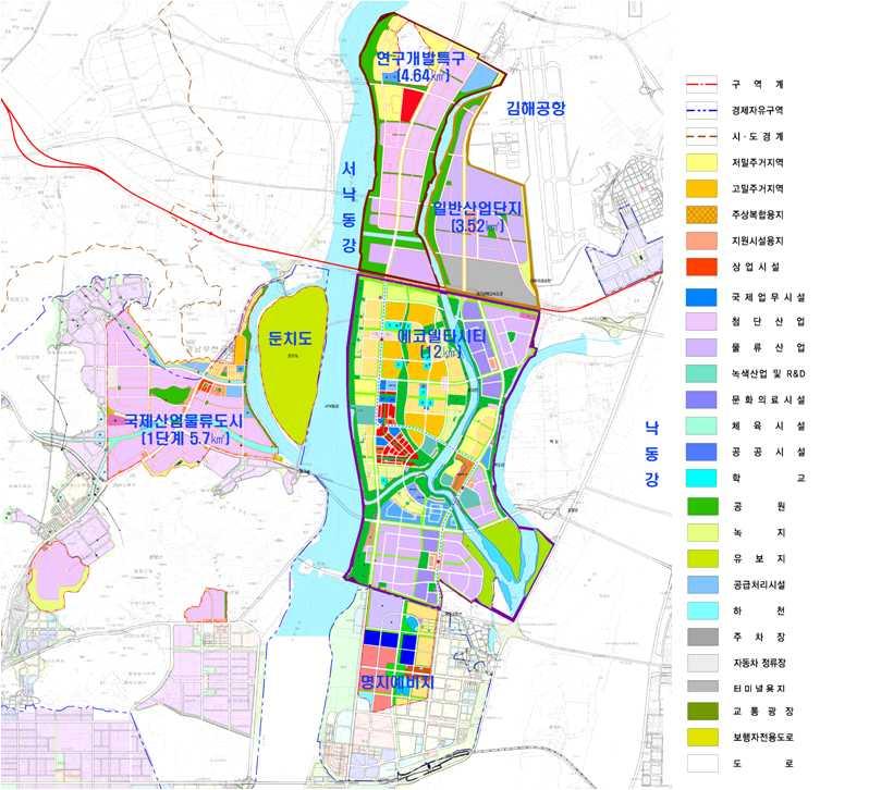 < 국제산업물류도시조성사업구역도및토지이용계획 ( 안 ) > 에코델타시티 (Eco Delta City) 사업의진행방향 국제산업물류도시조성의 2-1 단계친수구역지정 개발사업인에코델타시티조성사업은 2012 년부산시가친수구역지정제 안서를국토부에제출하면서사업을시행하였다.