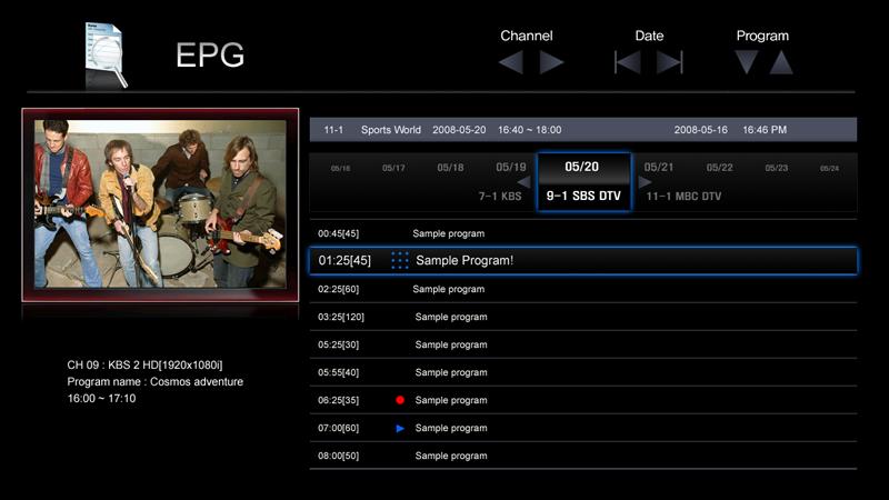 6.2.3 HDTV 방송 EPG 사용하기 TV 시청중 Guide ( ) 를누르면 EPG 창이나오고예약하고자하는프로그램으로이동후 OK 를누르면녹화및예약시청메뉴가나옵니다.