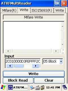 2) Mifare 태그데이터쓰기방법. Mifare 태그쓰기탭 Write: Mifare 태그블록에데이터쓰기.