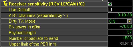 테스트항목 2.3.5 Receiver Sensitivity 1. 목적 : 약전계에서 DUT 의수신감도를 PER(Packet Error Rate) 로측정. 2. TC-3000C 설정파라미터 파라미터 범위 기본값 Use Default 선택안함 BT Channels 0 ~ 39 0-19-39 Dirty TX Mode ON/OFF ON RX power in dbm -70 Payload length 0 ~ 255 37 Number of packets to send 1500 3.