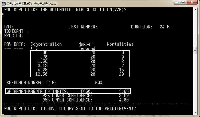 < 그림 17> 재시험시통계프로그램 (TSK) 결과값산출창 4. Graphical Method (EPA) 본방법은국내시험법에포함되지않으므로연구목적일경우만사용한다. Graphical Method는시험결과가물벼룩이모두생존한농도 (0 % 치사 ) 와모두죽은농도 (100 % 치사 ) 의데이터만존재할경우에사용한다 < 표 12>.