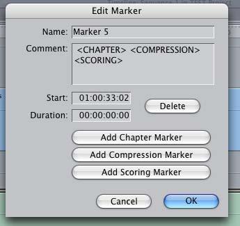 Edit Marker 윈도우에서 <Chapter Marker>, <Compression Marker>, <Scoring Marker> 버튼을누르면해당마커의속성을설정해줄수있다.