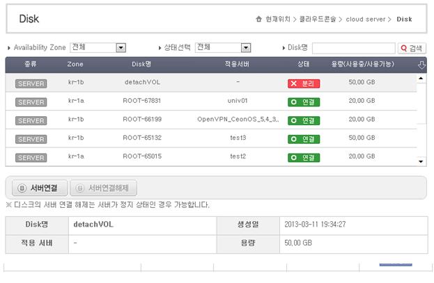 2.7 디스크설정방법 클라우드서버는하나의 root volume 이존재하며 volume 을 attach 하거나 detach 할수 있습니다. 최대 6 개의 volume 을 attach 하여관리할수있습니다. 2.7.1 Disk 추가방법클라우드서버에 volume 을추가하기위해서먼저스토리지를추가신청한후 attach 할서버를선택한이후 서버연결 을클릭합니다.