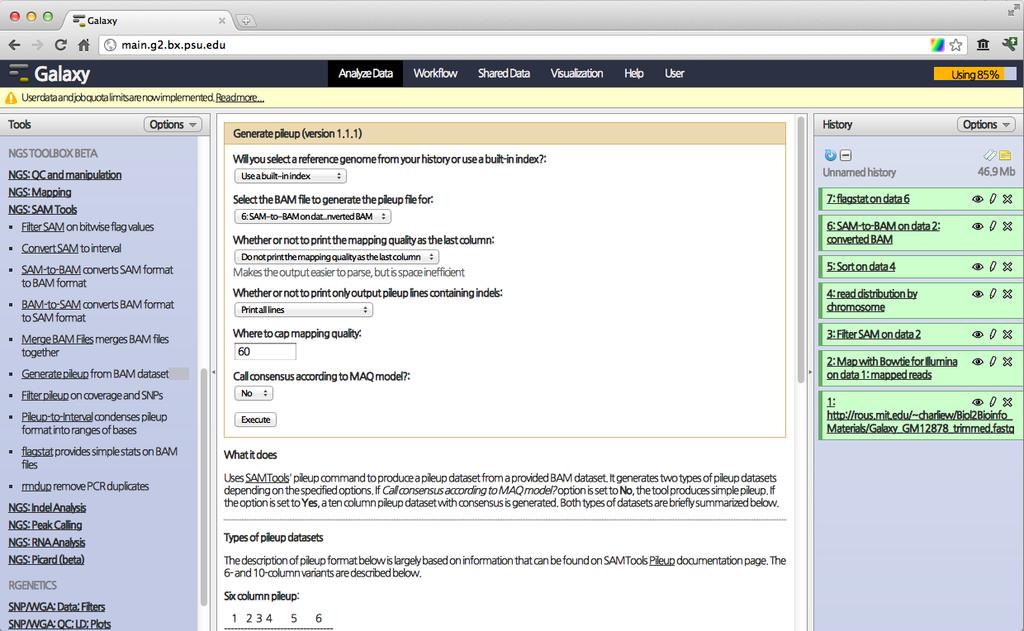 NGS Toolbox Beta NGS Samtools Generate pileup 을선택합니다. Data 6(BAM 포맷의파일 ) 을선택합니다. Call consensus according to MAQ model?