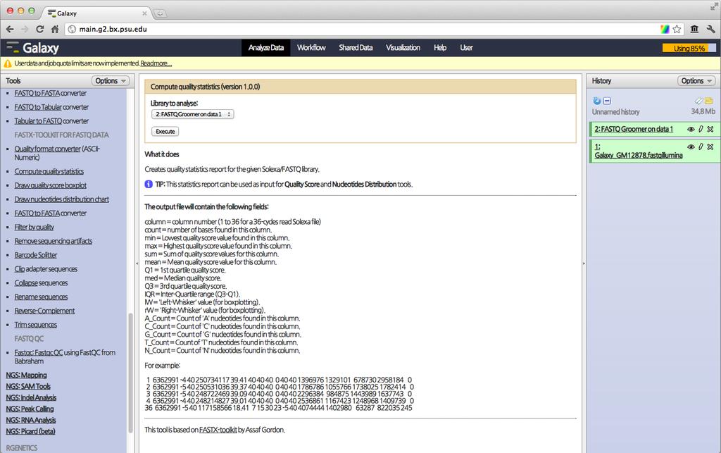 Tool 영역에서 NGS ToolBox Beta Fastx-Toolkit Compute Quality Statistics 를선택합니다.