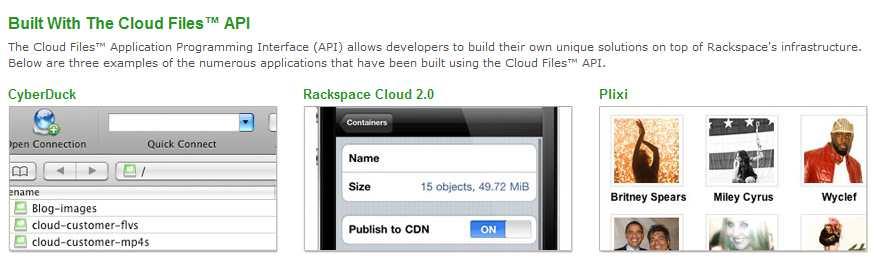 Rackspace API 서비스예시 Rackspace CloudFiles API 활용을통한응용예 각응용개발자들이, API 활용을통한응용제공의예 CyberDuck : 파일전송프로그램 Mobile App: