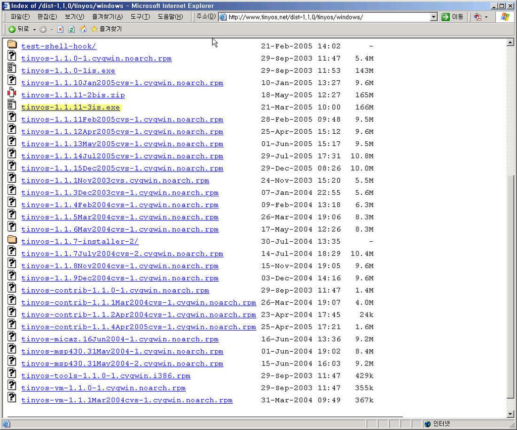3. TinyOS 설치하기 설치에앞서 TinyOS를설치프로그램을다운받는다. 본문서에서다운받는 TinyOS는 Windos용으로하나의설치파일로되어있으며, 설치하면 Cygwin, TinyOS, JDK 1.