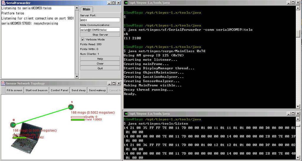 7 Listen / ListenRaw TinyOS 툴중에는 Serial의데이터를직접볼수있는 application이있는데바로 Listen과 ListenRaw이다. ListenRaw는패킷형태에맞춰진데이터를보여주고, Listen은실제로들어오는데이터값을그대로보여준다. (RFC 1662 문서참조요함 ) a Listen 기존에했던예제 4을참조하겠다.