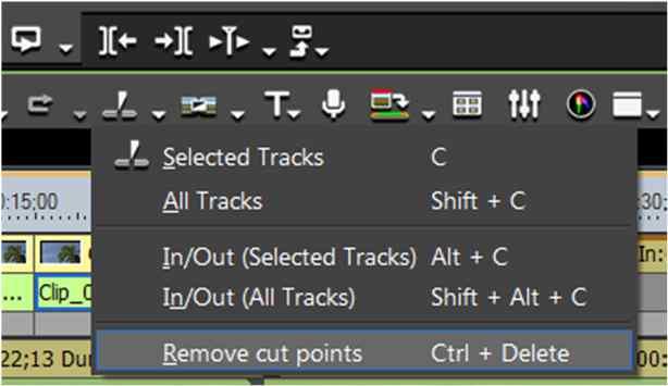 클립에서오른클릭하고메뉴에서 Add Cut Point>In/Out (All Tracks) 을선택한다. 프리뷰윈도우의메뉴바에서 Edit>Add Cut Point>In/Out (All Tracks) 을선택한다. 키보드의 [SHIFT]+ [ALT]+[C] 키를누른다.