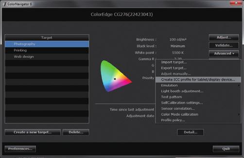 [Advanced] (화면 우측 상단에서 세번째 버튼)에서 [Create ICC 장치를 측정합니다. 합니다. 않도록 ColorNavigator를 시작합니다. 측정 장치를 컴퓨터에 연결하고 ColorNavigator를 시작합니다.