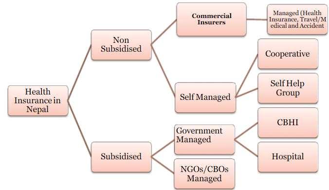 건강보험 9) Ÿ 현재정부차원의의료보험제도를갖고있진않지만 10) 지역마을단위, 혹은같은직종간실시하는다양한형태의커뮤니티건강보험제도 (CBHI) 가존재하고, 일부는성공적으로시행되고있음 Ÿ 네팔의건강보험공급자는기본적으로보조금을여부에따라보조금을받지않는민간보험사와개인, 보조금을받는커뮤니티건강보험제도 (CBHI), 기업및 NGO가있음 < 네팔건강보험구성도 >
