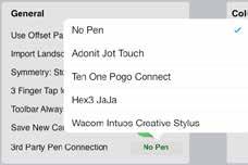 앱을실행하기전에제조업체의설명서에명시된대로스타일러스가설정되어있는지확인하기기바랍니다. 다음, 스케치북프로환경설정에서타사펜제품연결 (3rd Party Pen Connection) 을활성화하고목록에서스타일러스를선택합니다. 중요사항태블릿이절전모드로되거나앱에크래시가발생하여가나타나게되면, 아이패드에서스타일러스를계속사용하기위해연결을다시초기화하고스케치북프로를재실행합니다.