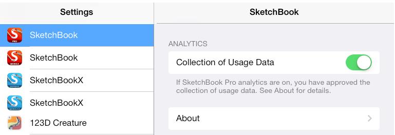 플러리 (Flurry) 이특성은사용자들이 SketchBook 모바일을어떻게이용하는지, 어떤종류의기기들이사용되고있는지에대한귀중한익명의정보를제공해줍니다. 기본설정에서 데이터수집 을켜거나끄십시오 : 설정 > SketchBook > 애널리틱스 > 사용량데이터수집 데이터수집통지에대해서는안내페이지를참고하십시오.