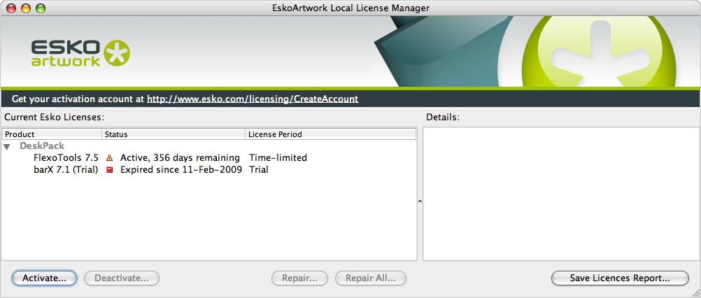 3 라이선스 비활성화 또는 복원 및 라이선스 보고서 저장에 대한 자세한 내용은 사용자 가이드인 EskoArtwork Server License Manager 사용을 참조하십시오. 3.
