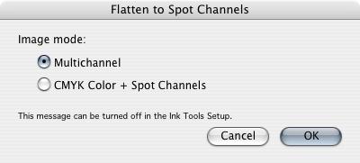 7 파일 > 자동화 > 별색 채널로 평면화를 선택하면 대화상자가 팝업됩니다. 나타나는 이미지 모드를 선택할 수 있습니다. 다채널: 모든 CMYK 채널이 CMYK 채널의 디스플레이 잉크에 해당하는 색이 포함된 별색 채널로 바뀝니 다. 표시되지 않도록 설정된 CMYK 채널은 무시됩니다. 결과적으로 플랫 다채널 문서가 생성됩니다.