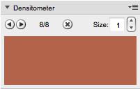 9 Viewer의 분판 섹션에 있는 플라이아웃 메뉴에서 별색 채널 추가...를 선택하면 즉시 Color Engine 별색 을 추가할 수 있습니다(먼저 Photoshop에서 채널을 추가한 후 올바른 Color Engine 잉크로 별색을 대체 하지 않음). 9.2.3 잉크 농도 측정 농도계 Viewer 창의 오른쪽 중간에서 농도계 섹션을 확인할 수 있습니다.