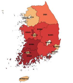 건축이가능한대지면적으로시설물을분석한다면? 우리국토는인간이거주하는대지뿐만아니라전, 답등의생산토지, 임야등다양 단위면적당노인시설수 ( 대지면적만 ) 한용도의토지로구성되어있다. 지적 ( 地籍 ) 통계상지목이 대 ( 垈地 ) 인필지의면 적을기준으로노인여가복지시설을분석한결과, 노인복지관과노인교실은서울특 별시를비롯한주요도시지역에밀도가높게나타나는것을알수있다.