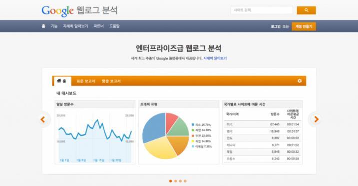 2. 디지털분석솔루션사례 구글애널리틱스 (Google Analytics) 구글애널리틱스란, 구글에서시작한데이터분석서비스로 2005 년애드워즈 ( 광고시스템 ) 의분석으로돕기위한목적으로시작하였으며, 점차웹사이트를다각적으로분석할수있도록서비스범위를넓혀가고있음. 구글애널리틱스디지털분석툴은수집된데이터에대한프로그램적으로접속할수있도록 API 를제공함.