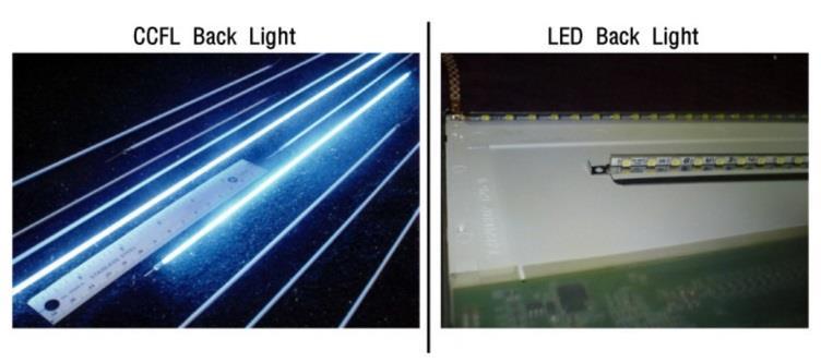 차이점은 CCFL이형광등보다만들어내는광량은적지만훨씬저전력으로동작하고, 열발생이적으며, 수명이길고, 안정적인색온도를얻을수있다. LED 백라이트는 CCFL보다얇고, 전력소모가적으며, 깜빡임도없고, 오래사용해도색온도가일정하다는점때문에초기의 CCFL 백라이트를급속하게대체하였다. 이백라이트들은인버터라는부속으로제어를하게되는데, 이인버터도약간씩다른모습을보여준다.
