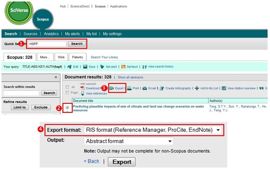 SCOPUS의 경우 아래와 같이 서지정보를 RIS 포맷으로 저장할 수 있다 (검색 선택 Export RIS 포맷 선택 Export).