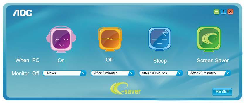 e-saver AOC e-saver 모니터전원관리소프트웨어사용을환영합니다! AOC e-saver에는스마트시스템종료기능이있어 PC가어떠한상태에 (On( 켜짐 ), Off( 꺼짐 ), Sleep( 대기 ) 또는 Screen Saver( 화면보호기 )) 에있든모니터를시의적절하게끌수있습니다. 실제끄기시간은사용자의기본설정에따라다릅니다 ( 아래의예참조 ).