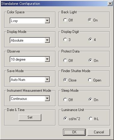 Standalone Configuration 대화상자 (CS-200 이연결된경우 ) Color Space L v xy, L v u'v', L v T uv, XYZ 또는 Dominant Wavelength 에서 Color Space 를선택합니다. Display Mode 가 Ratio 인경우, XYZ 가표시되며, 편집할수없습니다.