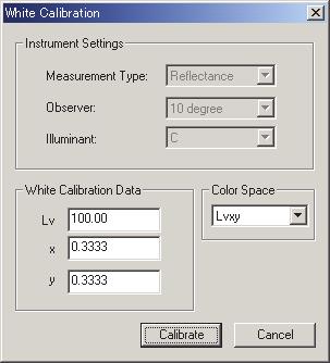 2. Lvxy, Lvu'v' and XYZ 에서 Color Space 를선택합니다. 3. 반사물체색을측정하는경우, 교정데이터를입력합니다. 이용가능한입력범위는다음과같습니다. X, Y, Z, 및 Lv: 0.01-200.