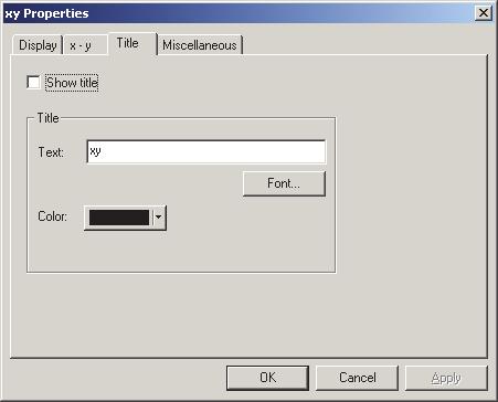 제 3 장 : 그래픽객체속성 3) Title 탭 xy 색도도및 u'v' 색도도객체 Show title Show title 도표의제목을표시할지숨길지선택합니다. Title - Text Title - Text 도표제목에대한텍스트를설정합니다.