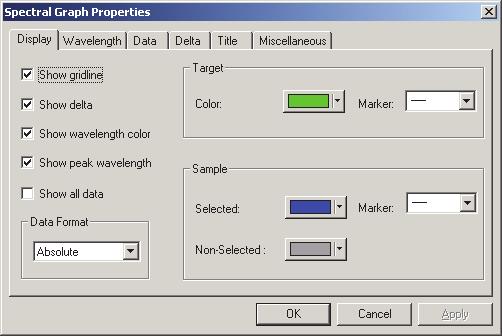 제 3 장 : 그래픽객체속성 1) Display 탭 분광그래프객체 Show Gridline 격자선을표시할지숨길지선택합니다. Show Delta 기준색데이터와샘플데이터간반사율차이데이터를표시할지숨길지선택합니다. 주 : 측정데이터를여러개선택한경우에는, 차이데이터는표시되지않습니다. Show wavelength color 파장축아래에파장색상바를표시할지선택합니다.
