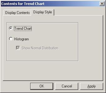 제 3 장 : 그래픽객체속성 3.4.4 항목설정 마우스우측클릭메뉴에서항목을선택하면트랜드 / 히스토그램에서평가의대상이되는표색값및표시방법을설정하는대화상자가나타납니다. 1) Display Contents 탭 트랜드 ( 경향도 ) / 히스토그램 ( 막대그래프 ) 객체 Item: 평가하는표색값을선택합니다.