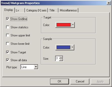 제 3 장 : 그래픽객체속성 1) Display 탭 Show Gridline 격자선을표시할지숨길지선택합니다. Show Statistics 통계 ( 평균, 표준편차, 최대 / 최소값 ) 을표시할지숨길지선택합니다. Show upper limit 트랜드그래프에서상한을표시할지숨길지선택합니다.