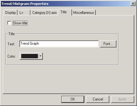 제 3 장 : 그래픽객체속성 4) Title 탭 트랜드 ( 경향도 ) / 히스토그램 ( 막대그래프 ) 객체 Show title 그래프의제목을표시할지숨길지선택합니다. Title - Text 그래프제목의명칭을설정합니다.