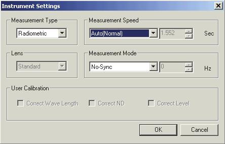 Instrument Settings 대화상자 (CS-1000 이연결된경우 ) CS-S10w 소프트웨어시작 Measurement Type 문서유형이광원색측정으로설정된경우, Radiometric 이표시됩니다. [ 선택사항이비활성화됩니다.] 문서유형이물체색측정으로설정된경우, Reflectance 나 Transmittance 를선택합니다.