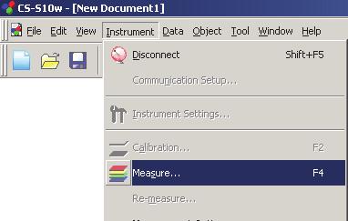 2.4.1 일반측정실시 * 장치가연결되었을때에만가능합니다. 1. 메뉴바에서 Instrument - Measure 를선택합니다.