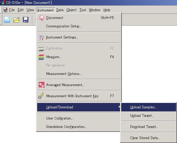 2.4.5 측정기에서샘플데이터업로드 * CS-100A 이외의다른측정기와연결되었을때에만이용가능합니다. 측정기메모리에저장된샘플데이터는 CS-S10w 소프트웨어로업로드가능합니다. 이동작은 Light-source Color 의 Normal Mode 가선택된경우에만활성화됩니다. 1.