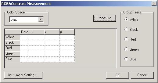 2.4.10 측정 ( 광원색 - RGB/ 콘트라스트모드인경우 ) * 장치가연결되었을때에만이용가능합니다. 1. 메뉴바에서 Instrument - Measure 를선택합니다. Name 대화상자가나타납니다. Auto-Naming 이활성화되면, Name 대화상자가나타나지않습니다. 이단계를건너뛴후 3 단계로이동합니다.