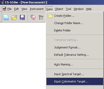 색채값데이터입력 1. 메뉴바에서 Data - Input Colorimetric Target 을선택합니다. Input Colorimetric Target 대화상자가나타납니다. 2. 표색계를선택한후색채값데이터를입력합니다.