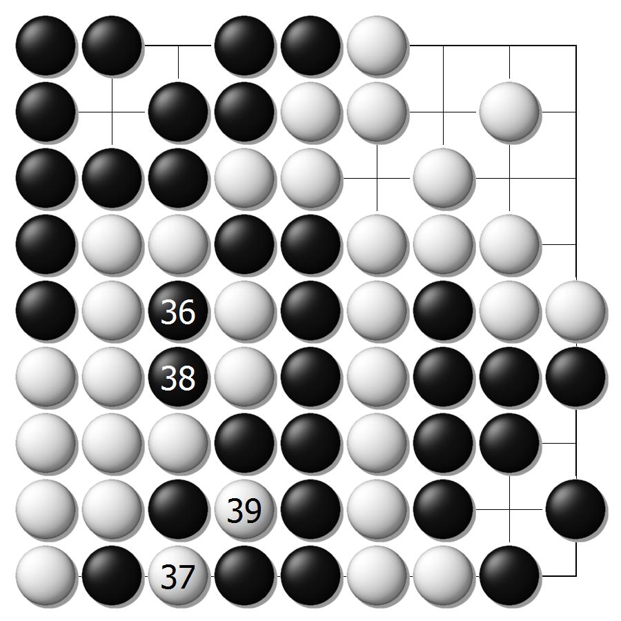 278 제 10 장동형반복과동형반복금지 그림 10.134. 흑 4 까지의진행 은필연이다. 그림 10.135. 백이 5 로둘때 흑이 6 으로받으면좌하흑돌 들이죽는다. 그림 10.136. 흑은 6 부터 9 까 지두어가야한다. 수밖에없는데, 흑 10의수를이쪽에투입하는것이불가능해져서그림 10.137에서와같이아까백이 5로둔수에대한응수를비로소하게될것이다.